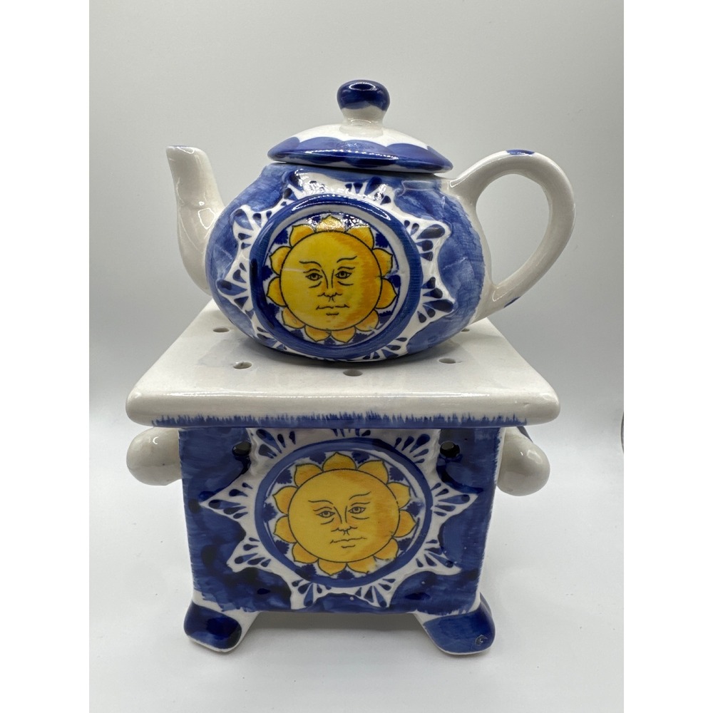 Hand Painted Ceramic Sun Face Teapot with Tea Light Warmer Base Blue White